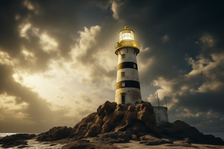 Guiding light. Lighthouse on the seashore at sunset.の素材