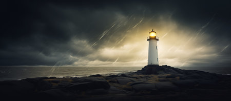 Guiding light. Lighthouse on the coast in stormy weather.の素材