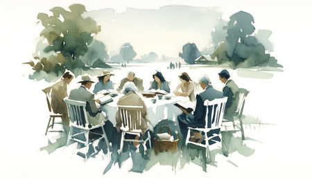 Illustration of Bible Study. A group is reading the scriptureの素材