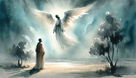 Two angels with white wings in the sky. Digital watercolor painting.の素材