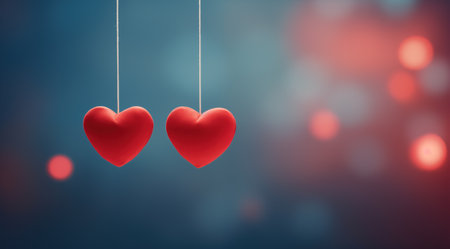 Two red hearts hanging on strings on a blue background with bokeh effectの素材