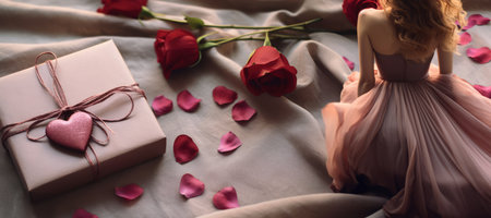 cropped view of girl in pink dress holding gift box and rose petals on bedの素材