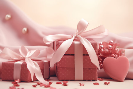 Valentine's day background with gift boxes, hearts and ribbonの素材