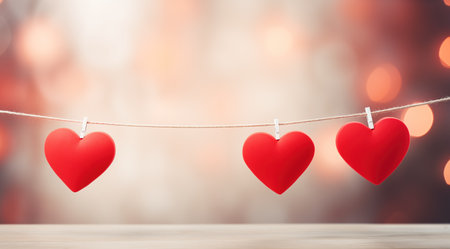 Two red hearts hanging on a clothesline with bokeh backgroundの素材