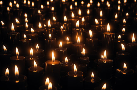 Candlemas. Light of the world. Christian Holiday. Burning candles in a church, close-up, toned.の素材