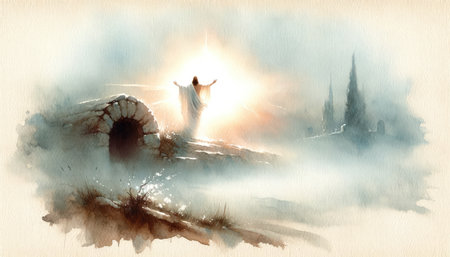 The Resurrection of Jesus Christ. Life of Christ. Watercolor Biblical Illustrationの素材