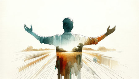 Silhouette of a man in worship on a white background. Watercolor illustration.の素材