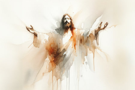 Jesus Christ in worship. Abstract watercolor background. Digital watercolor painting.の素材