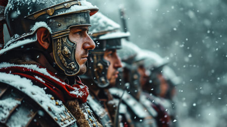Photorealistic portrait of roman soldiers in armor under the snow. Biblical character. Historical character.の素材