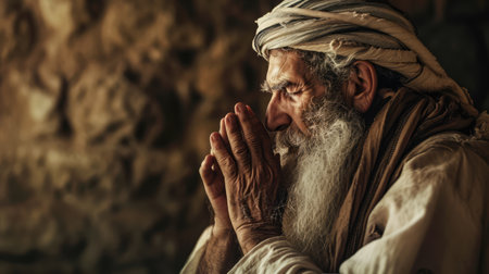 Portrait of an old Jewish man with a beard in a turban praying. Biblical character.の素材