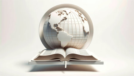 Religious global mission: Spreading the word. Globe and open bible or book on white background.の素材