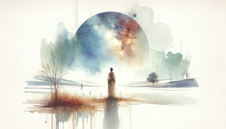Contemplating heaven. Digital watercolor painting of a woman looking at the sky.の素材