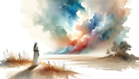Contemplating heaven. Digital watercolor painting of a woman looking at the sky.の素材
