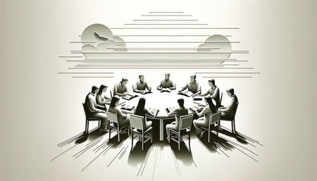Business people sitting at a table in a meeting room. Vector illustration. Black and white digital image.の素材