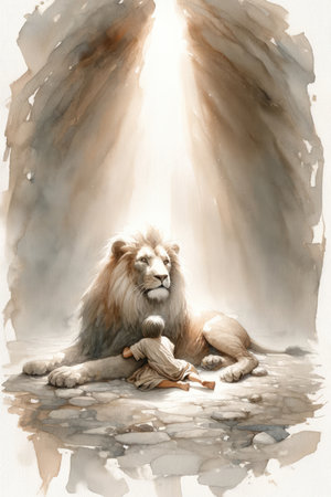 Innocence and majesty. Little kid hugging a big Lion symbolizing Jesus. Watercolor illustration.の素材