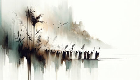 Palm Sunday. Christ's triumphal entry into Jerusalem. Silhouette of a crowd of people on the background of palm trees and ancient city.の素材
