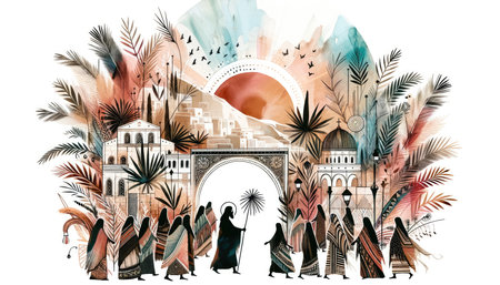 Palm Sunday. Christ's triumphal entry into Jerusalem. Colorful ethnic retro vintage illustration.の素材