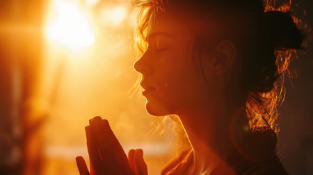 Young woman praying in the morning, close-up.の素材