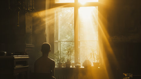 Silhouette of a man in a room with a big window and rays of sun passing through.の素材