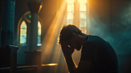 Young man praying in the church.の素材