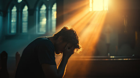 Sad man crying in the church.の素材
