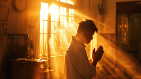 A man in a white shirt is praying in front of the window in the rays of lightの素材