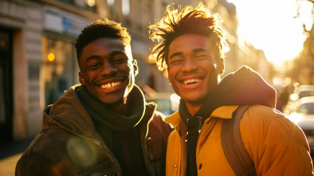 Two young African American men walking in the city at sunset.の素材