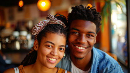 Portrait of a young African-American couple in a cafe.の素材