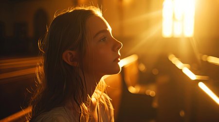 Portrait of a beautiful young girl in a hat on the field at sunset.の素材