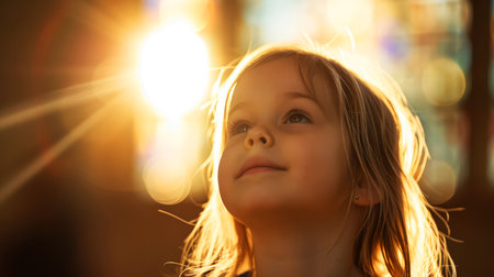 Portrait of a beautiful little girl in the rays of the setting sun.の素材