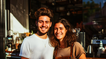 Portrait of a smiling young couple sitting at the bar counter in a pubの素材