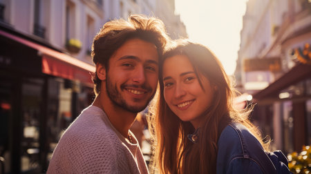 Portrait of a happy young couple looking at camera and smiling in the cityの素材