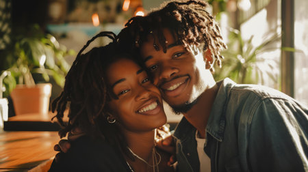 Young african american couple in love looking at camera and smilingの素材