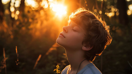 Portrait of a boy with closed eyes in the forest at sunsetの素材