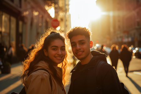 Portrait of happy young couple walking in the city at sunset.の素材