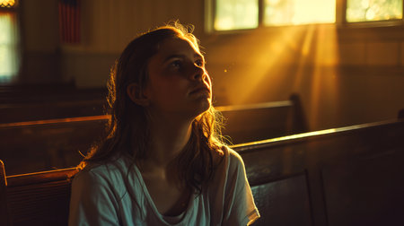 Portrait of a young woman sitting in a church, backlightの素材