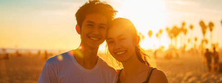 Happy asian couple having fun on the beach at sunset time. Asian people.の素材