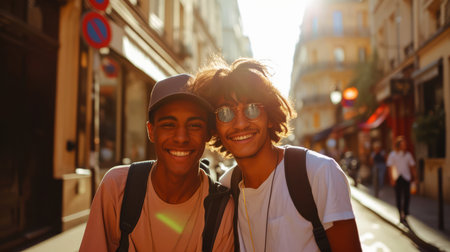 Portrait of a smiling young couple walking on the street in the cityの素材