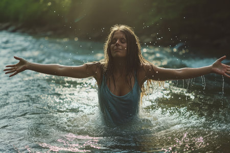 Beautiful young woman standing in worship on a stream and enjoying the beauty and power of Faith. Christian conceptの素材