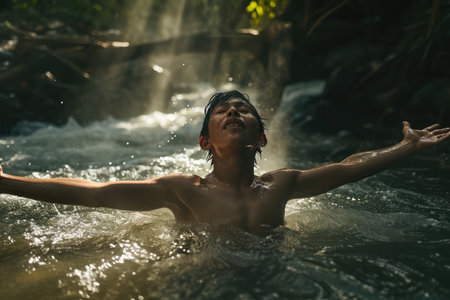 Young woman bathed in a small waterfall in Bali, Indonesiaの素材