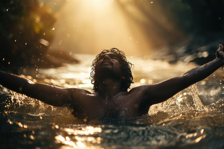 Beautiful woman in the water of a mountain river at sunset.の素材