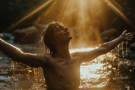 Young woman enjoying the splashing of water on a hot summer dayの素材