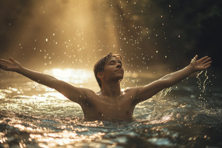 Young man splashing water with his hands in the river at sunsetの素材