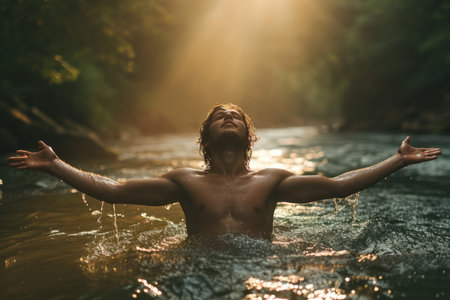 Young man with closed eyes bathed in a river at sunset.の素材
