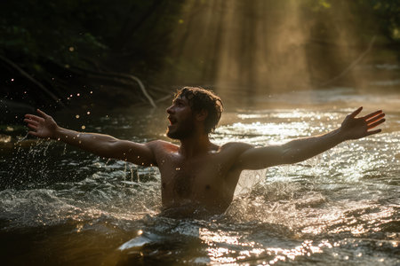 Handsome young man in worship in a river at sunset. The beauty and power of Faith. Christian conceptの素材