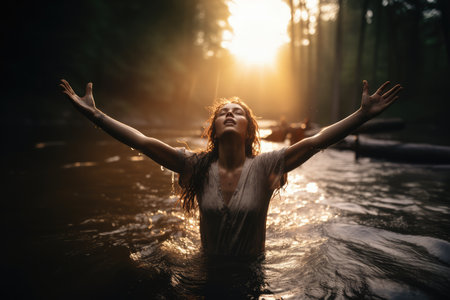 Beautiful girl in worship in the river at sunset. A young woman is feeling the power and beauty of Faith. Christian conceptの素材