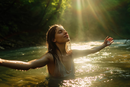 Young woman in worship in the water of a mountain river. Faith concept.の素材