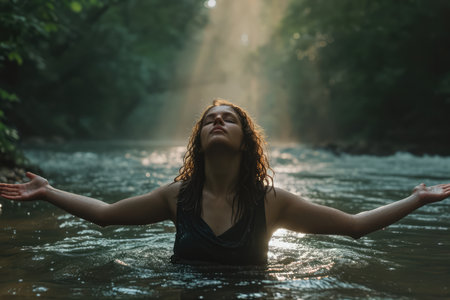 Beautiful young woman in worship in the river, faith, nature and freedomの素材