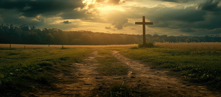 Christian Cross on a field at sunsetの素材