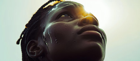 Touched by His Grace. Beautiful young black woman with braids looking up with tears in her eyes. Christian conceptの素材